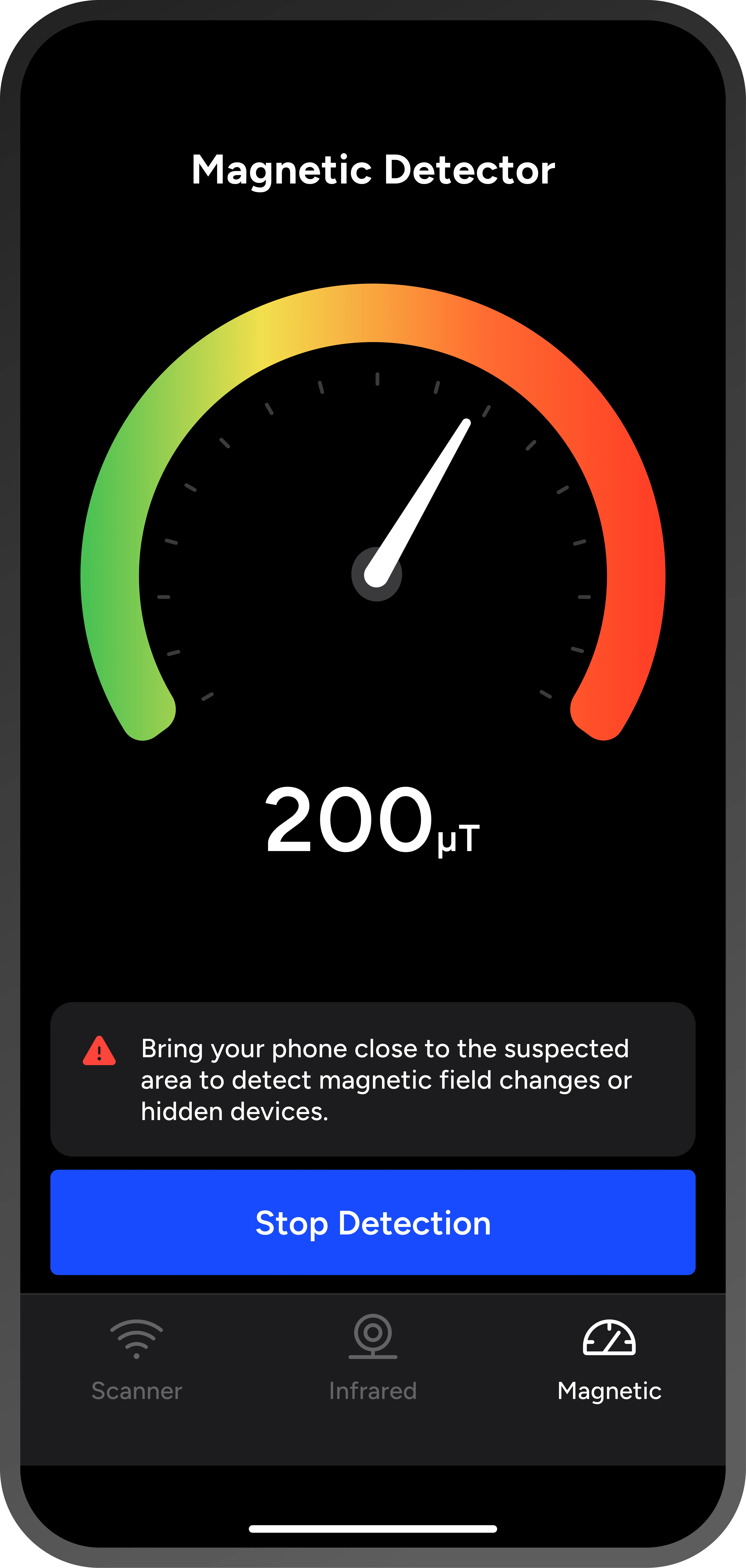 Best hidden camera detector app scanning for spy cameras in smoke detectors using magnetic field sensor